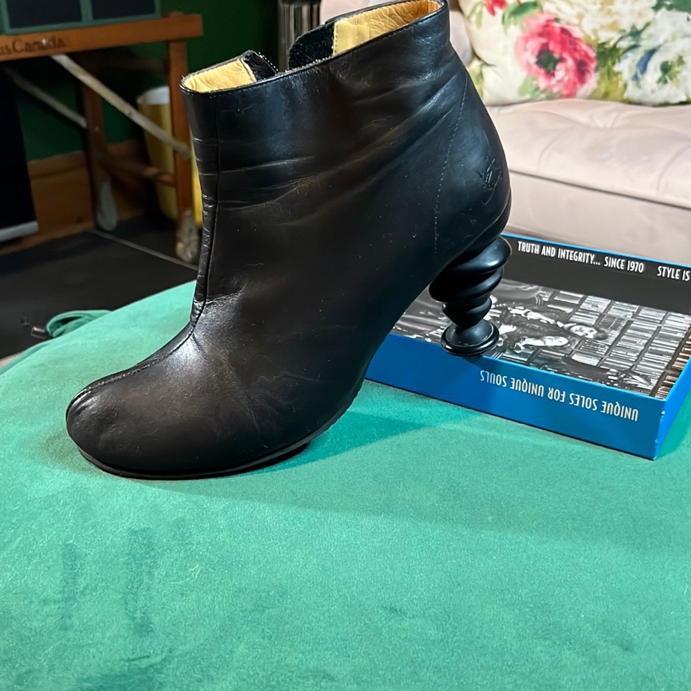Black booties with head turning heels. John Fluevog size 9.5 butter soft leather